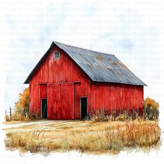 a painting of a red barn in the country