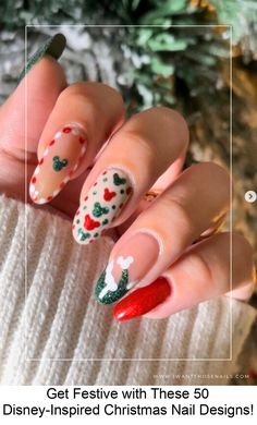 Get festive with Disney Christmas nails! Discover adorable designs inspired by your favorite characters. Perfect for the holiday season. Nail Ideas Mickey Mouse, Disney World Nails Christmas, Disney Inspired Nails Acrylic Simple, Mexico Holiday Nails, Subtle Disney Christmas Nails, Disney Christmas Nails Acrylic, Disney Christmas Nail Designs, Christmas Mickey Nails, Disney Christmas Nail Art