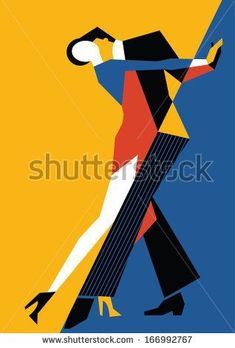 a man and woman are dancing together in the style of art deco, with yellow background