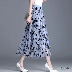 Lasaky - Pleated Mesh Half-Length Skirt with Floral Print, High Waist and Flowy Hemline Gauze Skirts, Maxi Rok, Nature Dress, Blue Tulle, Estilo Chic, Fall Skirts, Types Of Skirts, Long Skirt, Mid Calf