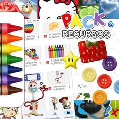 an image of some stickers with animals and other things on them, including crayons