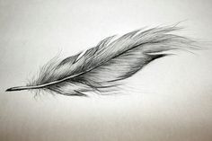 a black and white photo of a feather floating in the air on a gray background