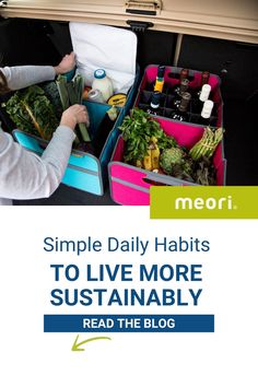 an open suitcase filled with vegetables and other items on top of a table next to the words, simple daily habitts to live more sustenably read the blog