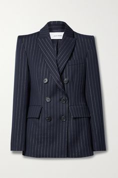 EXCLUSIVE AT NET-A-PORTER. Alex Perry re-imagines the classic pinstriped blazer with a glamorous twist. Flecked with lustrous silver threads that sparkle in the light, this double-breasted style is made from navy twill and has padded shoulders contrasted by a nipped-in waist. Wear yours with the coordinating pants. Navy Blue Blazer Outfit, Blue Blazer Outfit, Alex Perry, Navy Blue Blazer, Pantsuits For Women, Blazer Designs, Suits And Jackets, Tailored Suits, Double Breasted Blazer