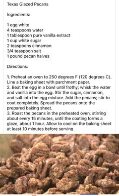 a recipe for baked pecans is shown on the screen