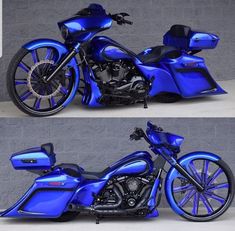 two pictures of a blue motorcycle parked next to each other