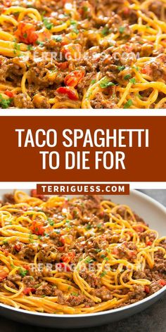 taco spaghetti in a pan with the title above it