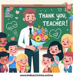 a teacher is holding flowers in front of his class