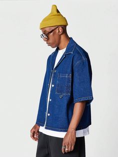 Short Sleeve Medium Wash Denim Jacket, Casual Short Sleeve Denim Jacket, Collared Denim Blue Shirt, Blue Shirt With Pockets For Streetwear, Dark Wash Short Sleeve Denim Jacket, Short Sleeve Dark Wash Denim Jacket, Medium Wash Button-up Shirt For Streetwear, Urban Blue Top With Pockets, Blue Denim Jacket For Summer