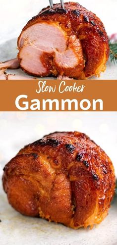 slow cooker gammon ham on a cutting board