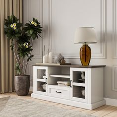 a living room scene with focus on the tv stand and vases in the corner