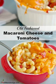 old fashioned macaroni cheese and tomatoes in a red casserole dish