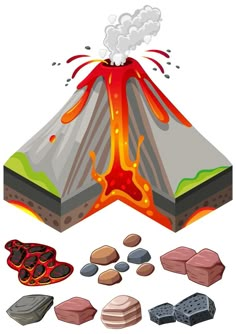 a volcano with lava and rocks on a white background