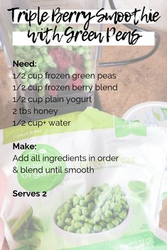 the ingredients to make triple berry smoothie with green peas in a blender bag