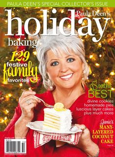 a woman holding a plate with a slice of cake on the cover of a magazine