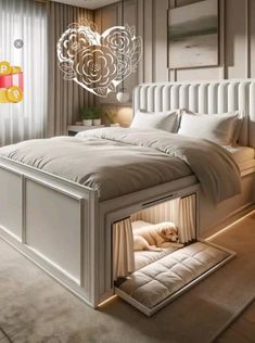 a white bed with a dog in it's storage compartment under the headboard