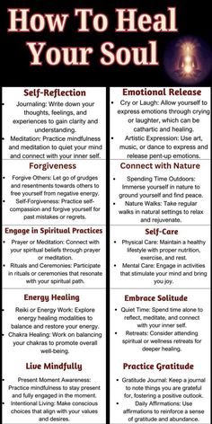 "Heal your soul with these transformative practices! 🌿✨ Discover self-reflection, emotional release, forgiveness, and more to nurture your inner being and find peace. Embrace your journey to a more fulfilled and balanced life. 💖 #SoulHealing #InnerPeace #SpiritualGrowth" Shadow Work Spiritual, Psychic Development Learning, Self Forgiveness, Heal Your Soul, Emotional Release, Inner Being, Healing Magic, Healing Spirituality, Spiritual Encouragement