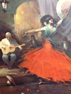 a painting of a woman in an orange dress playing the guitar with a man standing next to her