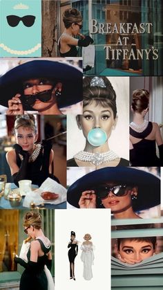 a collage of photos with women in hats and sunglasses on them, including an advertisement for the breakfast at tiffany's