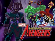 an image of the avengers cartoon characters in front of a purple background with text that reads earth's mightiest heros