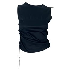 Presenting a chic black Gucci sleeveless top, designed by Tom Ford. From the Spring/Summer 2001 collection, this top features a tab pull on one shoulder and a drawstring pull on the side, elevating its unique silhouette. With 'Gucci' screen-printed below the nape, this top is a testament to the Tom Ford's iconic style. Approximate measurements: Size - XS Shoulder to hem:20" Bust:26-28" Waist:26" Tom Ford Gucci 90s, Tom Ford Top, Gucci By Tom Ford, Tom Ford Gucci, 00s Style, Tom Ford Clothing, Gucci Top, Ford Black, Drawstring Top