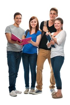 four people are standing together holding books and posing for the camera on a white background