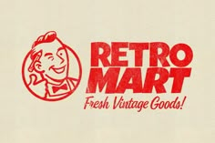 a red and white logo for a fresh vintage goods store with a man in a bow tie