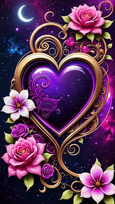 a heart shaped frame with flowers and stars in the night sky behind it is an image of