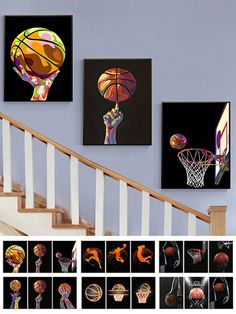 multiple pictures of basketballs hanging on the wall next to a stair case and handrail