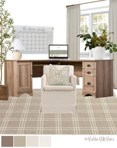 a home office decorated in neutrals and browns