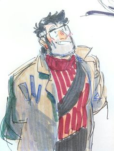 a drawing of a man wearing a scarf and jacket with his mouth open, holding a cell phone to his ear