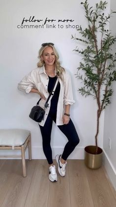 Cropped Leggings Outfit Summer, Hot Mom Outfits Spring Casual, Morning Errands Outfit, Black Leggings And Flannel Outfit, Black Leggings White Shirt Outfit, Zoo Outfit Spring Mom, Cute Outfits With Leggings For Summer, Summer Mum Outfits, Work Athleisure Outfits