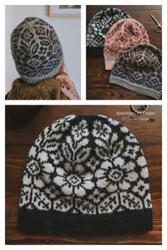 three pictures of hats with different patterns on them, one is black and the other is white