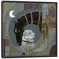 a painting of a dog wearing a cow's head with the moon in the background