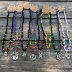 This listing is for our handmade hemp necklaces! Each contains a unique choice of hemp color, beads and pendants. No two pieces are alike! 🔷️Sizing: 🔹️ Necklace length is noted in each selection. 🔆 What to expect: 🔸️All items are one of a kind - you will receive the exact necklace of your choosing referenced in the photo. 🔸️ Ever piece is handmade by me, a lot of care and love goes into each and every piece! 🔴 Recommended Care: 🔺️ Hemp is a very sturdy material made of strong fibers for l Casual Handmade Jewelry For Halloween, Casual Handmade Halloween Jewelry, Handmade Casual Halloween Jewelry, Handmade Casual Adjustable Charm Necklaces, Handmade Bohemian Jewelry For Halloween, Handmade Adjustable Casual Charm Necklaces, Bohemian Necklaces For Halloween Jewelry Making, Bohemian Halloween Jewelry With Round Beads, Adjustable Black Handmade Charm Necklace