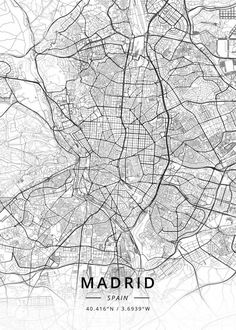 madrid city map in black and white with the names of streets, roads and buildings