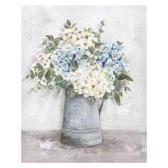 a painting of blue and white flowers in a metal vase