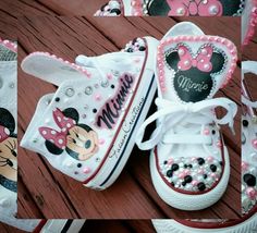 minnie mouse shoes with pink and black bows on them, all decorated in different designs