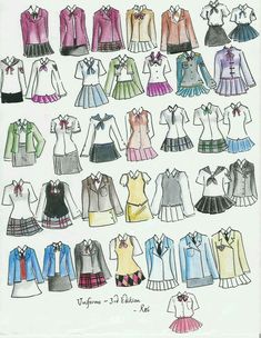 a drawing of different types of dresses and blouses