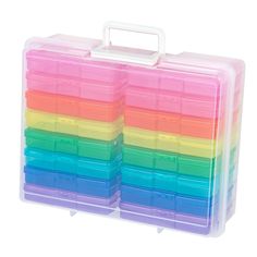 multicolored plastic storage box with dividers on the bottom and sides for small items