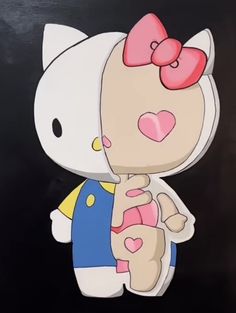 an animated hello kitty holding a teddy bear