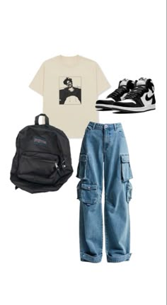 Black Nike dunks • cargo Jean pants • Harry styles cream and black graphic t shirt • Jan’s port black backpack Back To High School, Harry Styles Outfit, College Outfit, Men Stylish Dress, Guys Clothing Styles, Cool Outfits For Men, Swaggy Outfits, Streetwear Men Outfits, Mode Vintage