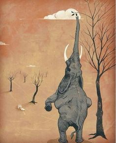 an elephant standing next to a tree with its trunk in the air, reaching for a bird