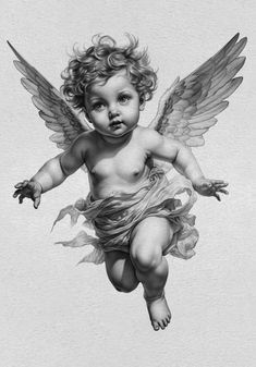 a drawing of a baby with angel wings on it's head and body, flying through the air