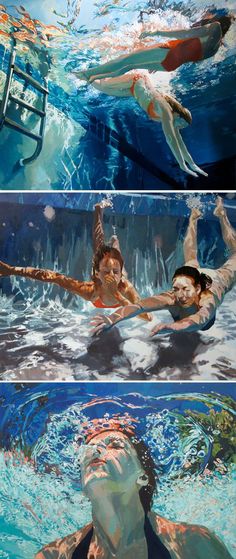 three pictures of people swimming in the water with one man holding onto his arm and another woman