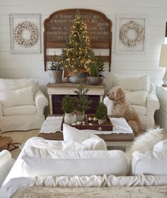 a living room filled with white furniture and christmas trees