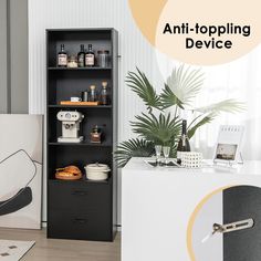 an image of a shelf in the living room with items on it and text overlay that reads anti - toppling device