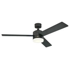 a black ceiling fan with two lights on each side and a white light at the top