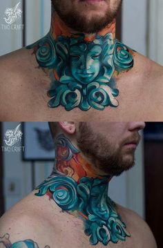 a man with tattoos on his neck is shown in three different angles, including the upper half