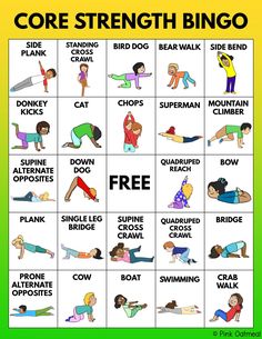 a poster with the words core strength bingo and pictures of people doing different exercises on it